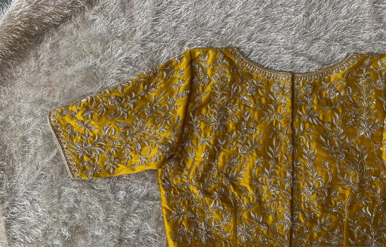 Mustard Yellow Silk Hand Embroidered Blouse: Zardosi Bridal Blouse