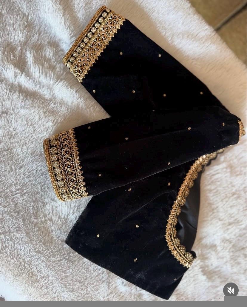 Black Velvet Zardosi Blouse: Hand Embroidered Saree Top,black velvet blouse,mix and match blouse, plus size blouse,blouses usa,black saree
