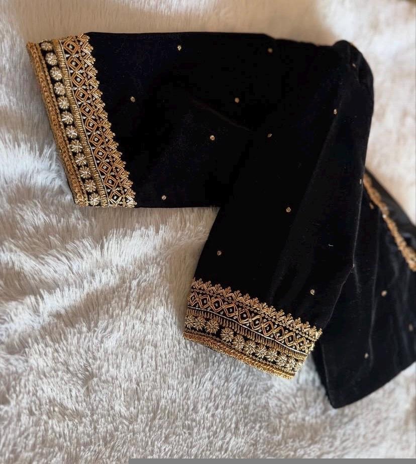 Black Velvet Zardosi Blouse: Hand Embroidered Saree Top,black velvet blouse,mix and match blouse, plus size blouse,blouses usa,black saree