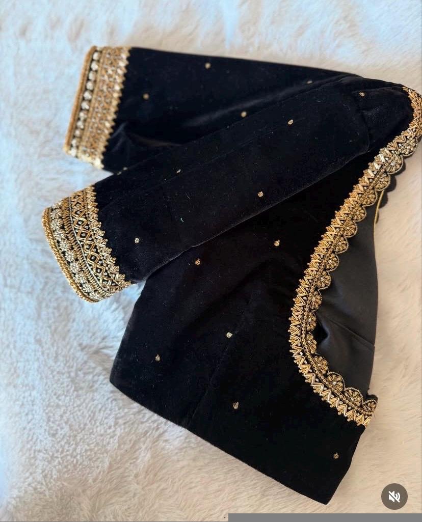 Black Velvet Zardosi Blouse: Hand Embroidered Saree Top,black velvet blouse,mix and match blouse, plus size blouse,blouses usa,black saree