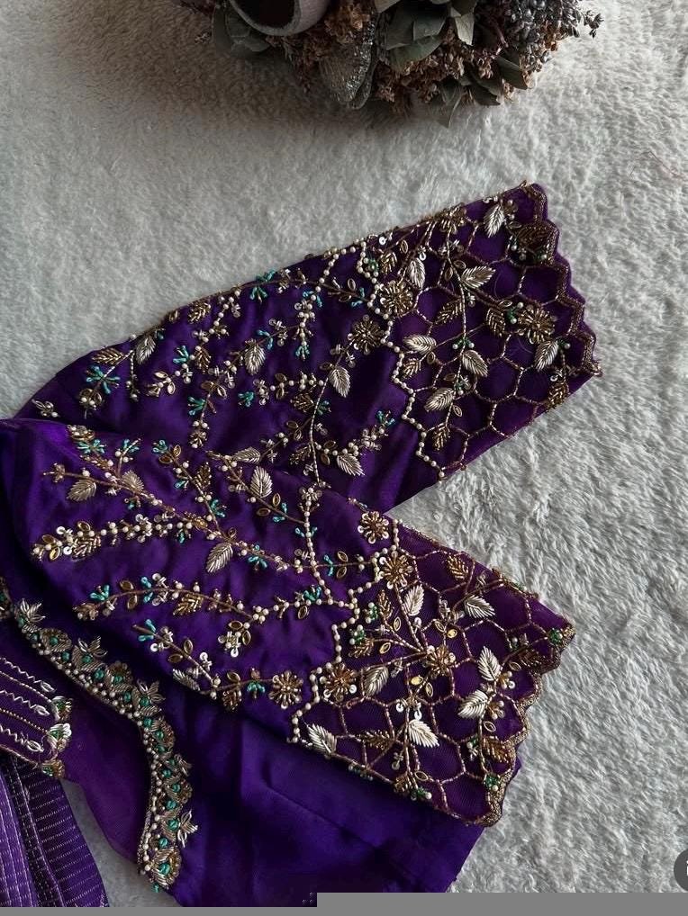 Purple Silk Zardosi Blouse: Hand Embroidered Saree Top