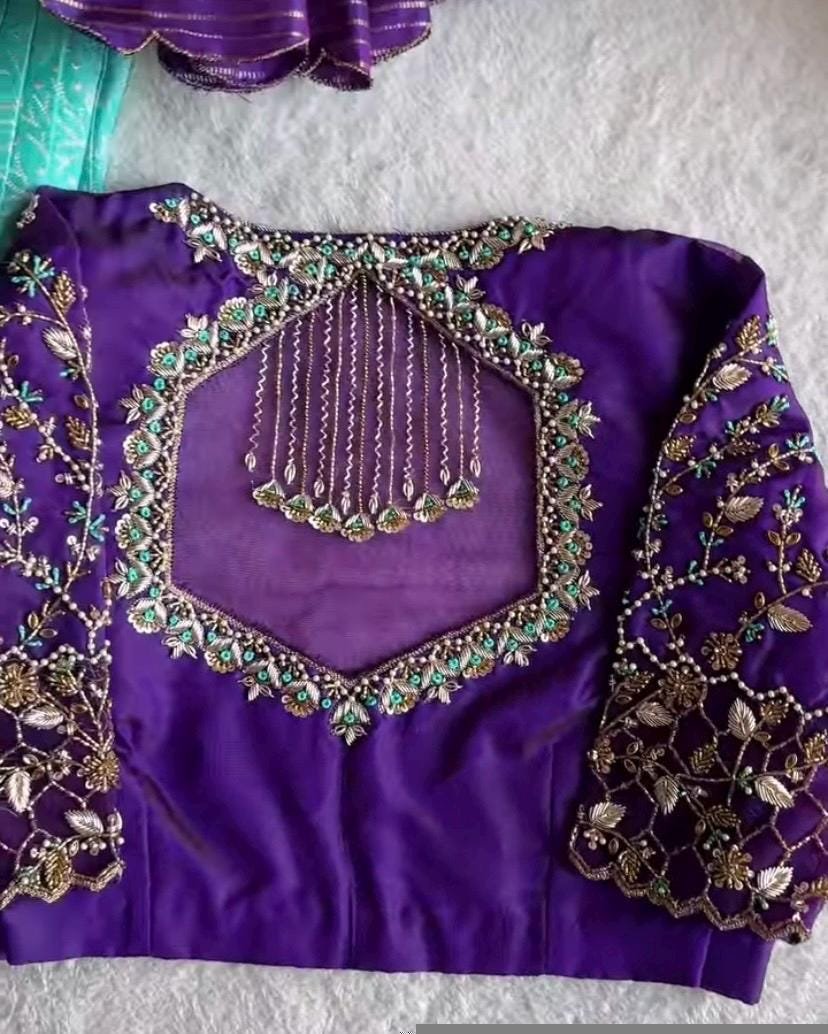 Purple Silk Zardosi Blouse: Hand Embroidered Saree Top