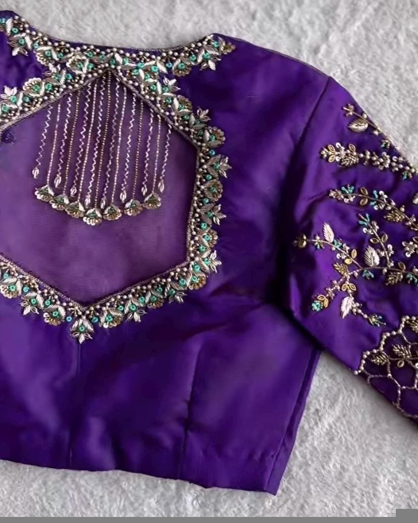 Purple Silk Zardosi Blouse: Hand Embroidered Saree Top