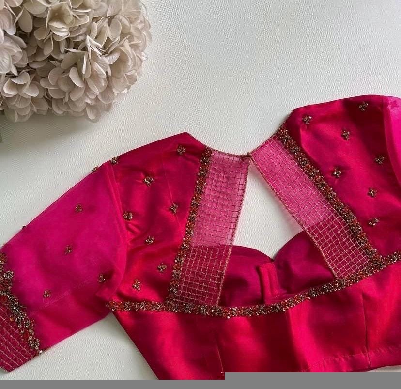 Hand Embroidered Silk Saree Blouse: Hot Pink Zardosi Bridal Maggam Work,plus size blosue,handwork blouse,maggam blouse,pink sareeblouse usa