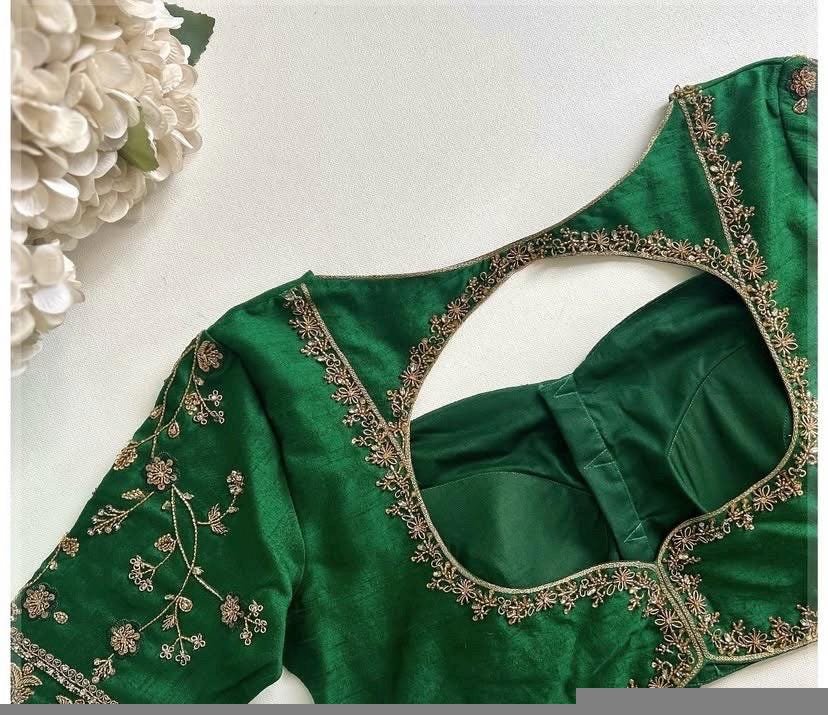 Hand Embroidered Zardosi Silk Blouse: Green Maggam Work, Elbow Sleeve,green maggam blouse,hand work blouse,mix and match blouse,plus size bl