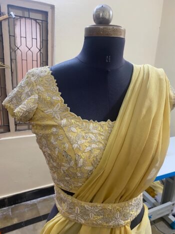 Yellow Hand Embroidered Silk Saree with Belt & Stitched Blouse