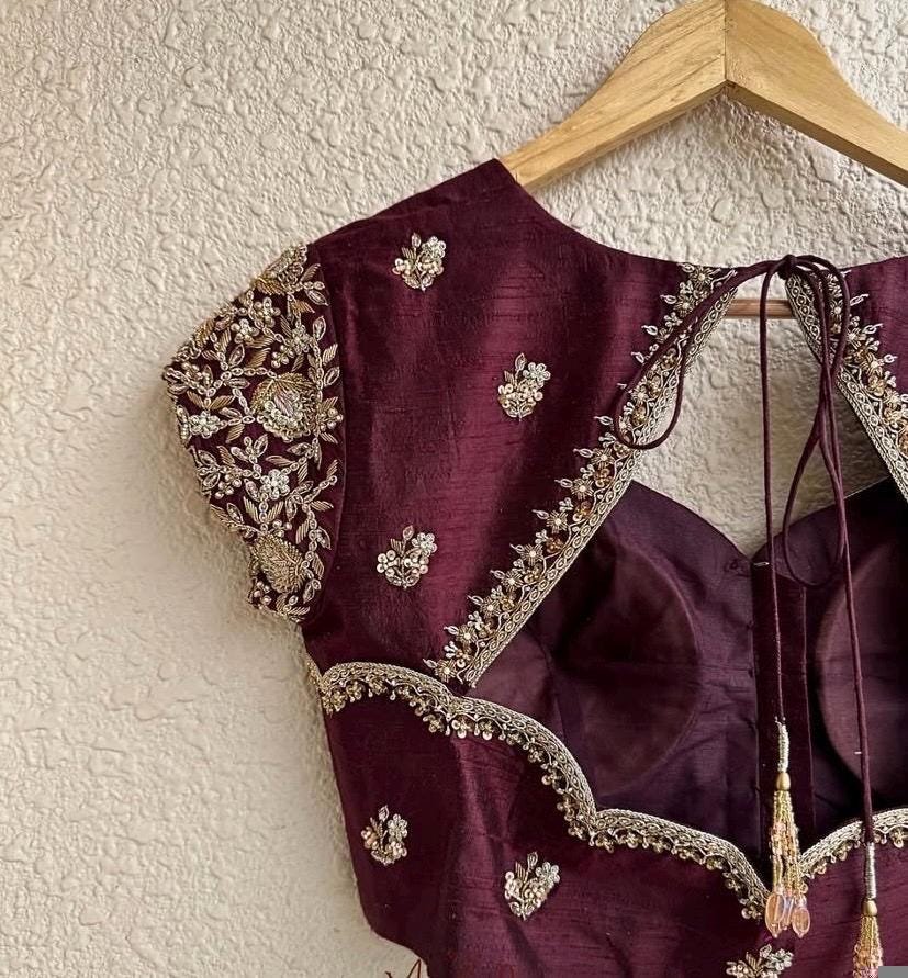 Hand Embroidered Plum Silk Blouse: Zardosi Saree Blouse - Size 42