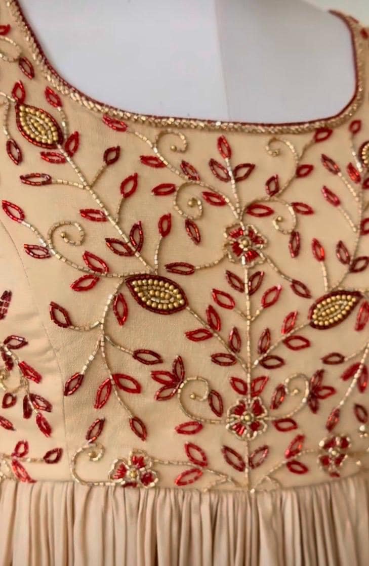 Hand Embroidered Georgette Anarkali Dress: Beige Indian Suit with Dupatta