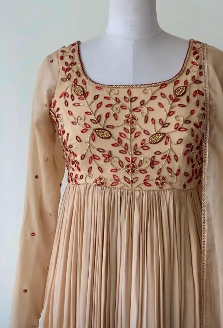 Hand Embroidered Georgette Anarkali Dress: Beige Indian Suit with Dupatta