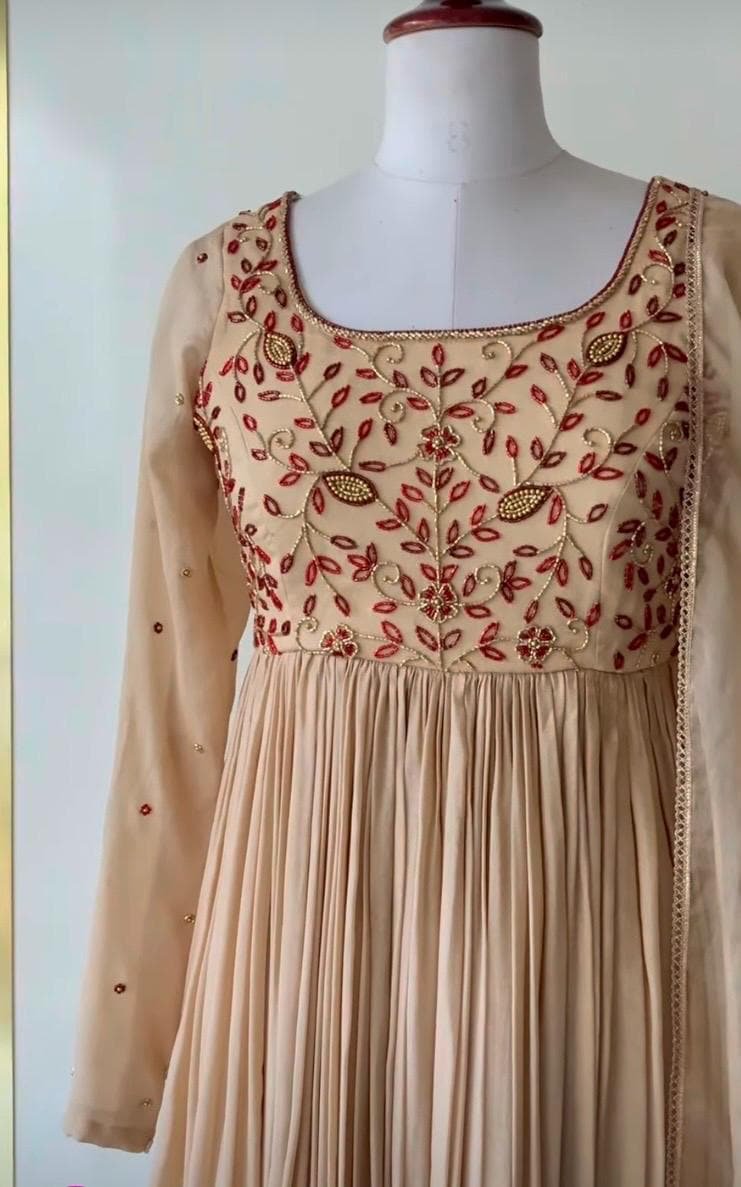 Hand Embroidered Georgette Anarkali Dress: Beige Indian Suit with Dupatta
