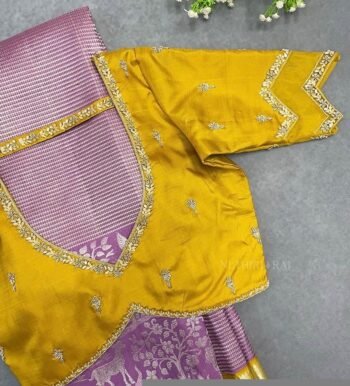 Hand Embroidered Silk Saree Blouse: Yellow Zardosi Maggam Work
