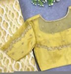 Hand Embroidered Zardosi Silk Blouse: Mustard Yellow Saree Top