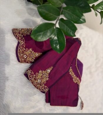Hand Embroidered Zardosi Silk Blouse: Plum Magenta Saree Top