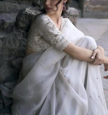 Ivory Organza Silk Saree:Hand Embroidered Blouse, Indian Wedding Bridal Saree,luxury wedding saree,pure silk saree,cocktail saree,cream sari