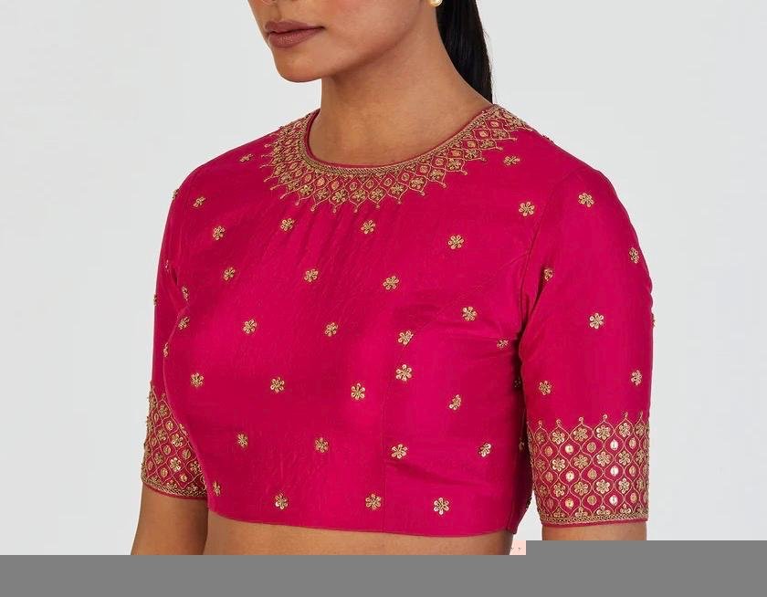 Hand Embroidered Silk Blouse: Pink Zardosi Maggam Work