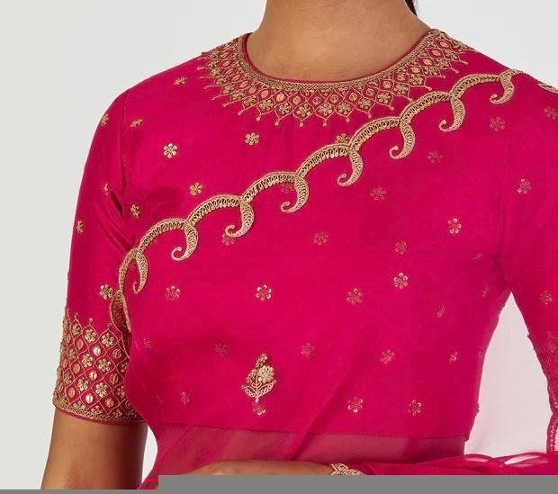 Hand Embroidered Silk Blouse: Pink Zardosi Maggam Work