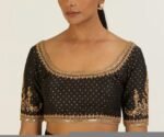 Hand Embroidered Zardosi Silk Blouse: Black Maggam Work, Deep Neck