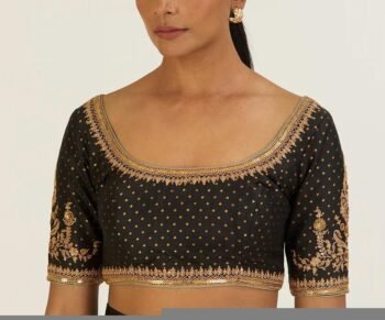 Hand Embroidered Zardosi Silk Blouse: Black Maggam Work, Deep Neck