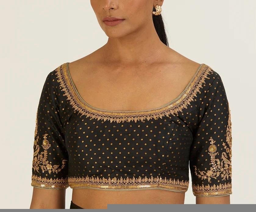 Hand Embroidered Zardosi Silk Blouse: Black Maggam Work, Deep Neck
