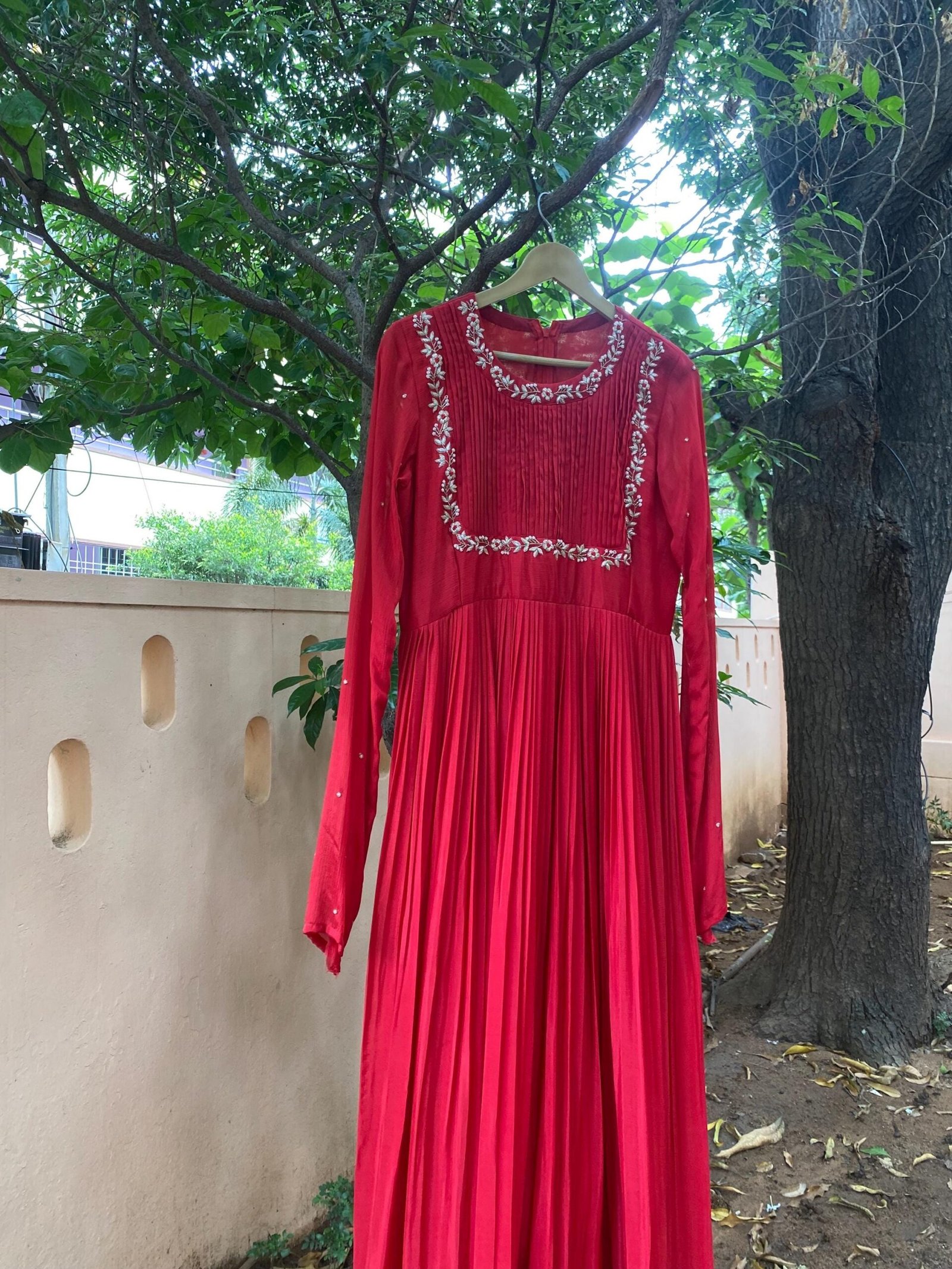 Hand Embroidered Red Chanderi Anarkali Dress: Indian Party Gown,red anarkali dress , red full sleeve dress , handwork dress, Indian kurta us