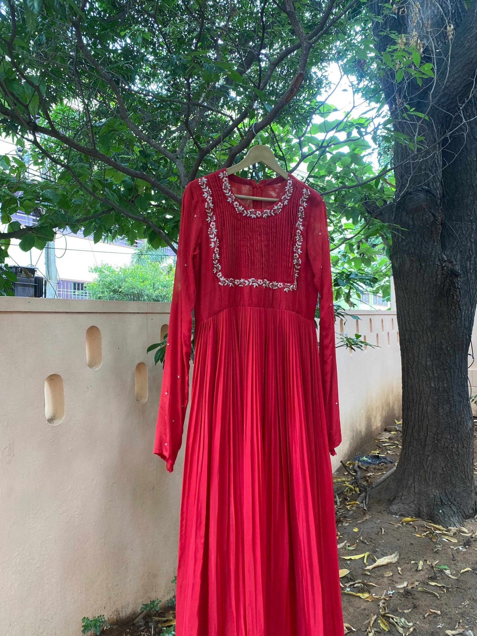 Hand Embroidered Red Chanderi Anarkali Dress: Indian Party Gown,red anarkali dress , red full sleeve dress , handwork dress, Indian kurta us