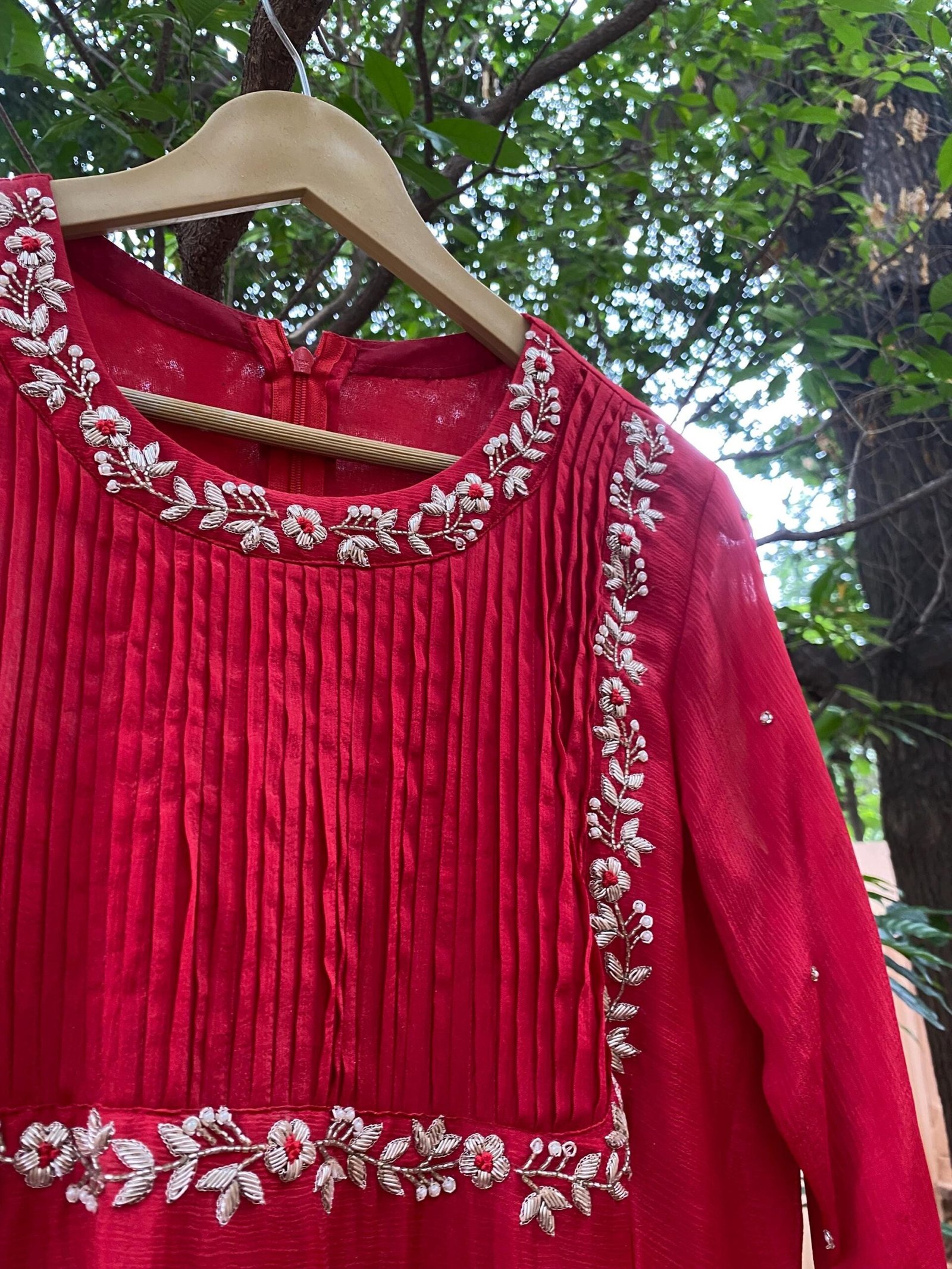Hand Embroidered Red Chanderi Anarkali Dress: Indian Party Gown,red anarkali dress , red full sleeve dress , handwork dress, Indian kurta us