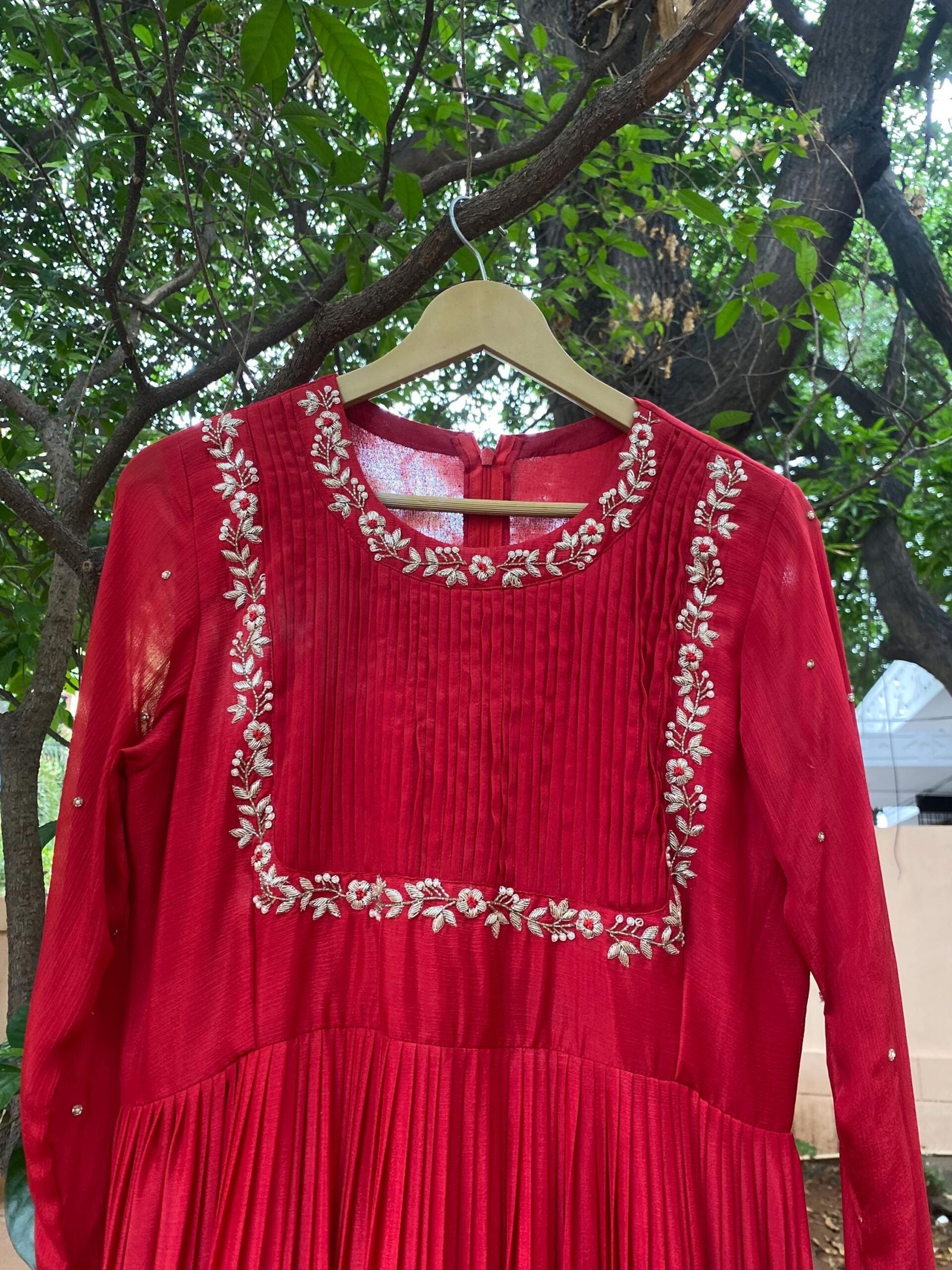 Hand Embroidered Red Chanderi Anarkali Dress: Indian Party Gown,red anarkali dress , red full sleeve dress , handwork dress, Indian kurta us
