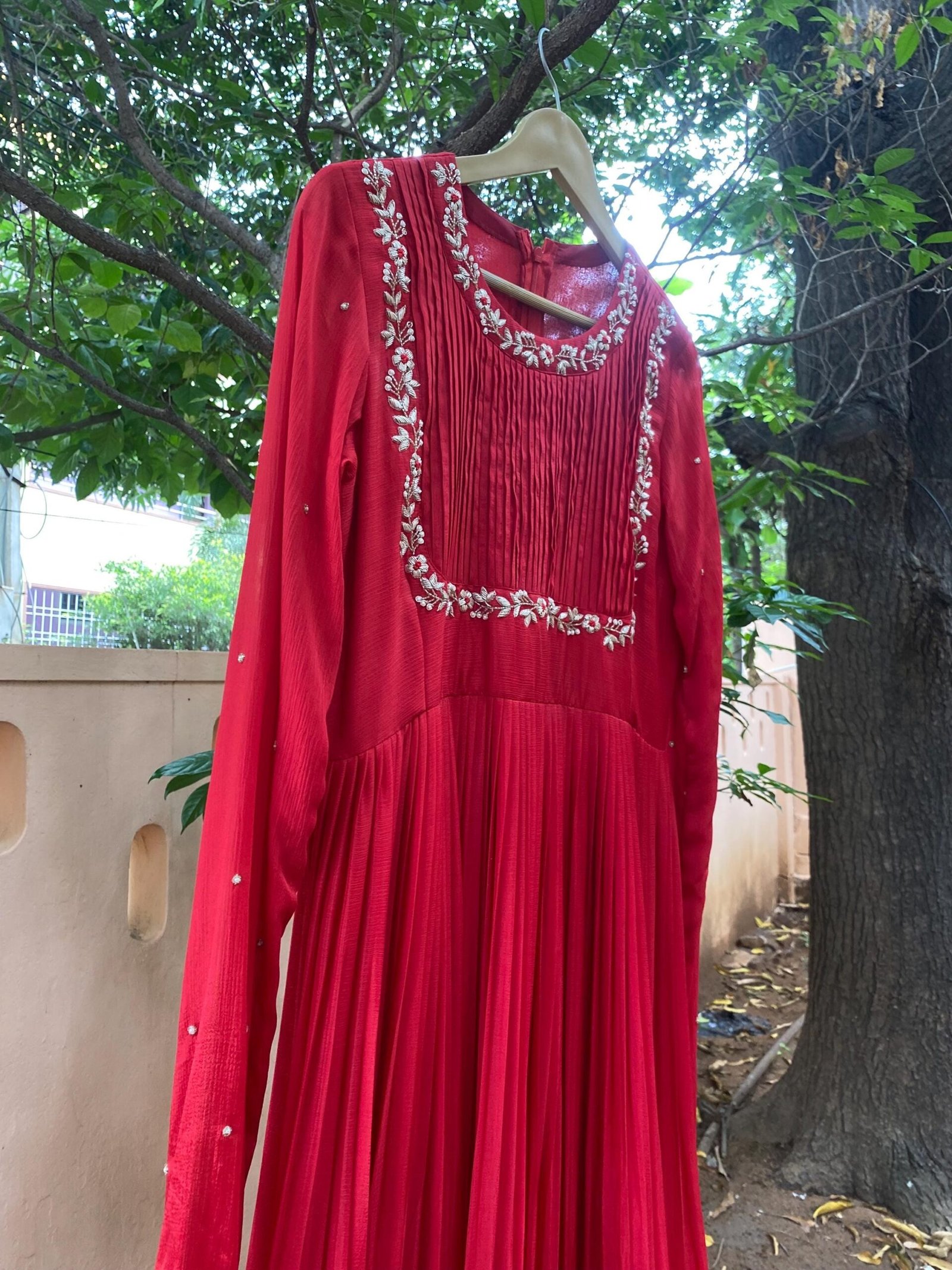 Hand Embroidered Red Chanderi Anarkali Dress: Indian Party Gown,red anarkali dress , red full sleeve dress , handwork dress, Indian kurta us