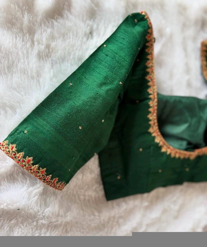 Hand Embroidered Silk Saree Blouse: Green Zardosi Maggam Work