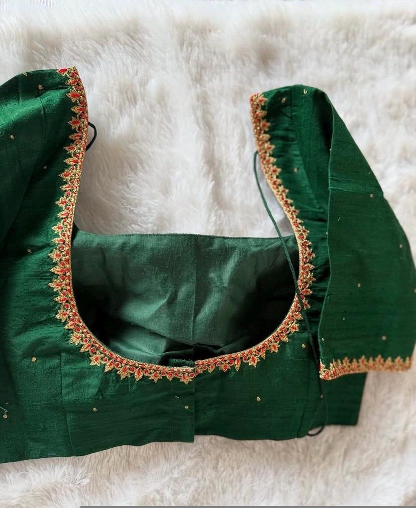 Hand Embroidered Silk Saree Blouse: Green Zardosi Maggam Work