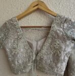 Hand Embroidered Silver Tissue Silk Blouse: Zardosi Maggam Work,silver tissue blouse,handwork blouse,maggam work blouse,silver saree blouse,