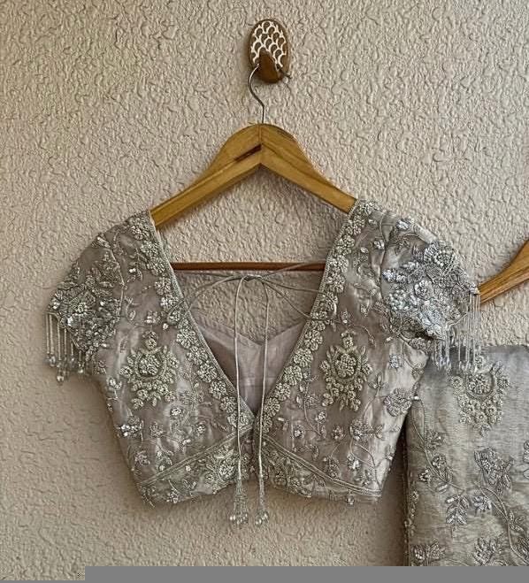 Hand Embroidered Silver Tissue Silk Blouse: Zardosi Maggam Work,silver tissue blouse,handwork blouse,maggam work blouse,silver saree blouse,