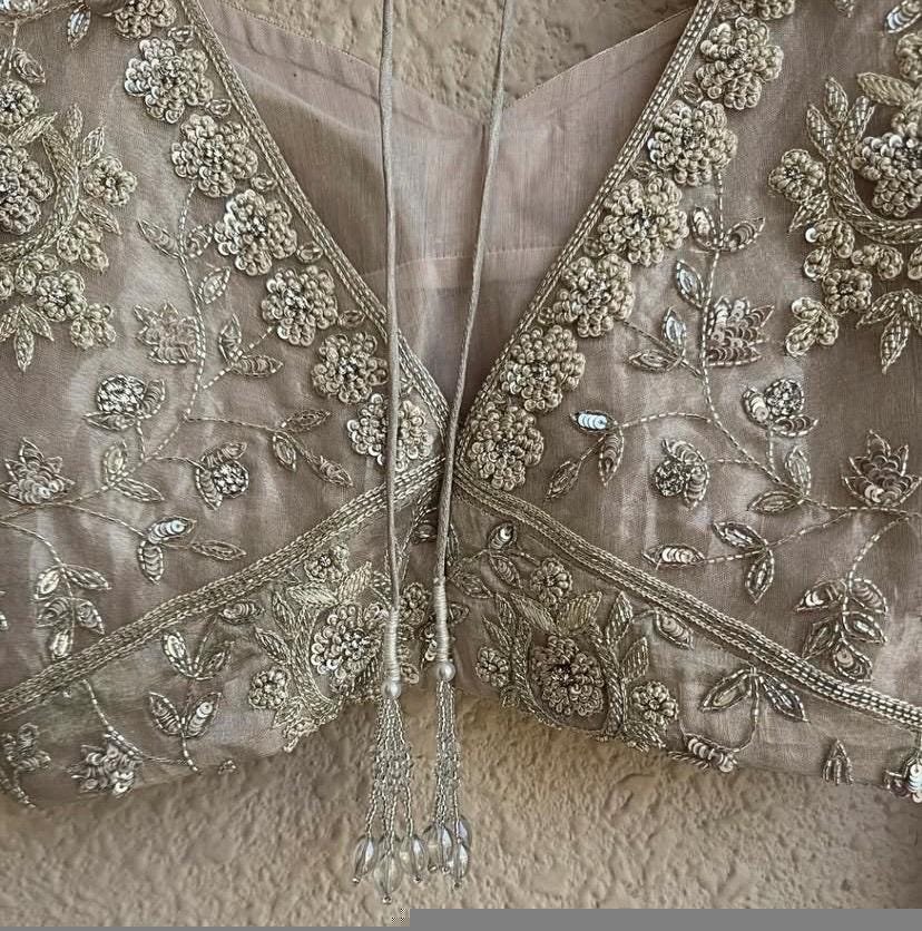 Hand Embroidered Silver Tissue Silk Blouse: Zardosi Maggam Work,silver tissue blouse,handwork blouse,maggam work blouse,silver saree blouse,
