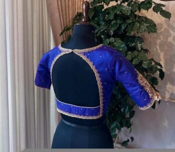Hand Embroidered Royal Blue Silk Blouse: Zardosi Maggam Work