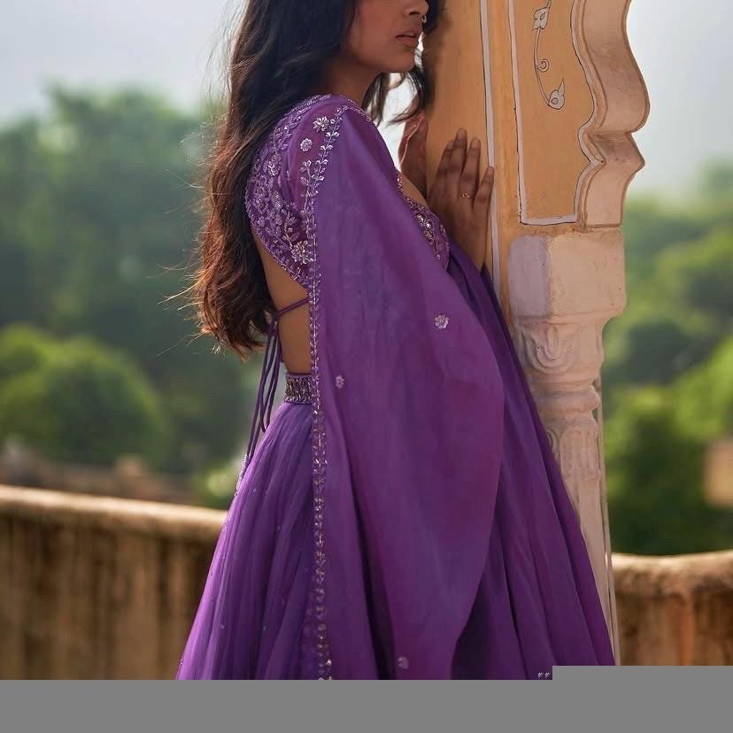 Hand Embroidered Lavender Lehenga Set: Silk Crop Top & Dupatta