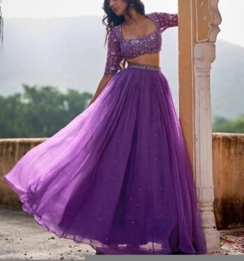 Hand Embroidered Lavender Lehenga Set: Silk Crop Top & Dupatta