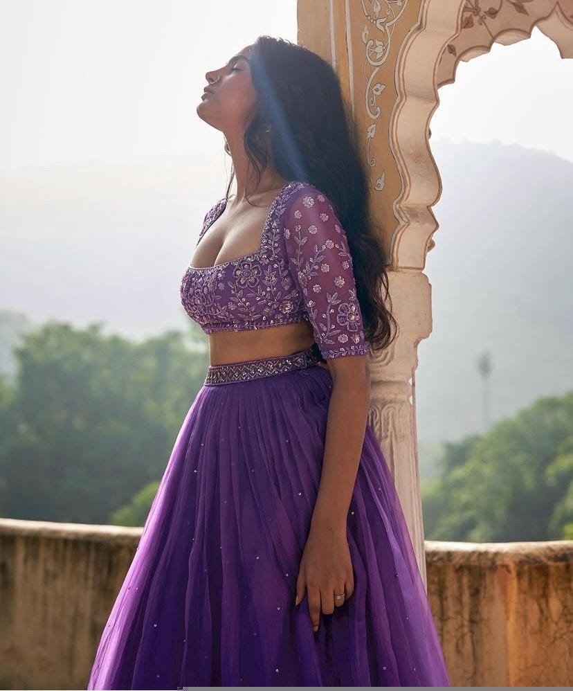 Hand Embroidered Lavender Lehenga Set: Silk Crop Top & Dupatta