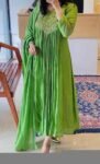 Hand Embroidered Green Anarkali Dress: Crepe Chinnon Silk Indian Suit,green kurta set,kurta dupatta set, hand embroidered dress,kurta pyjama