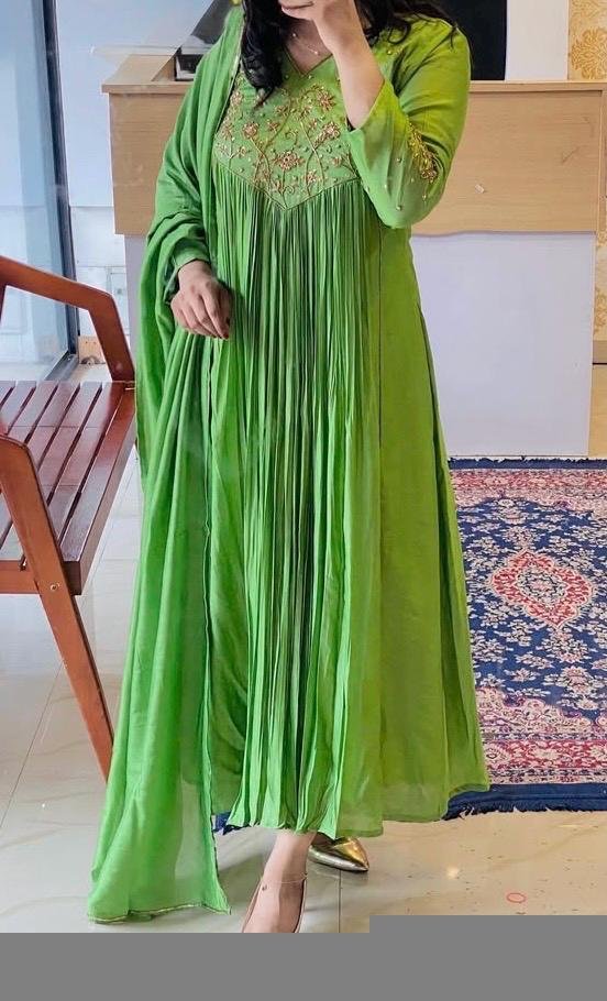 Hand Embroidered Green Anarkali Dress: Crepe Chinnon Silk Indian Suit,green kurta set,kurta dupatta set, hand embroidered dress,kurta pyjama