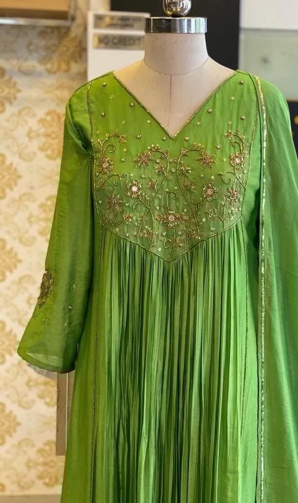 Hand Embroidered Green Anarkali Dress: Crepe Chinnon Silk Indian Suit,green kurta set,kurta dupatta set, hand embroidered dress,kurta pyjama
