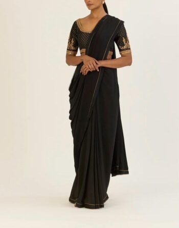 Black Crepe Silk Saree: Hand Embroidered Blouse, USA