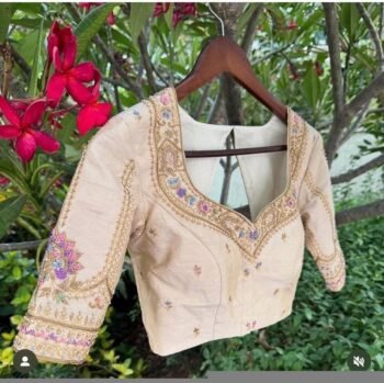 Hand Embroidered Zardosi Silk Blouse: Cream Saree Top