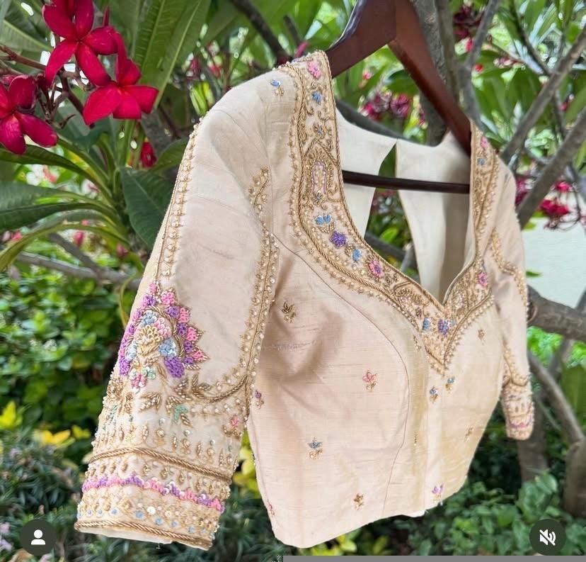 Hand Embroidered Zardosi Silk Blouse: Cream Saree Top