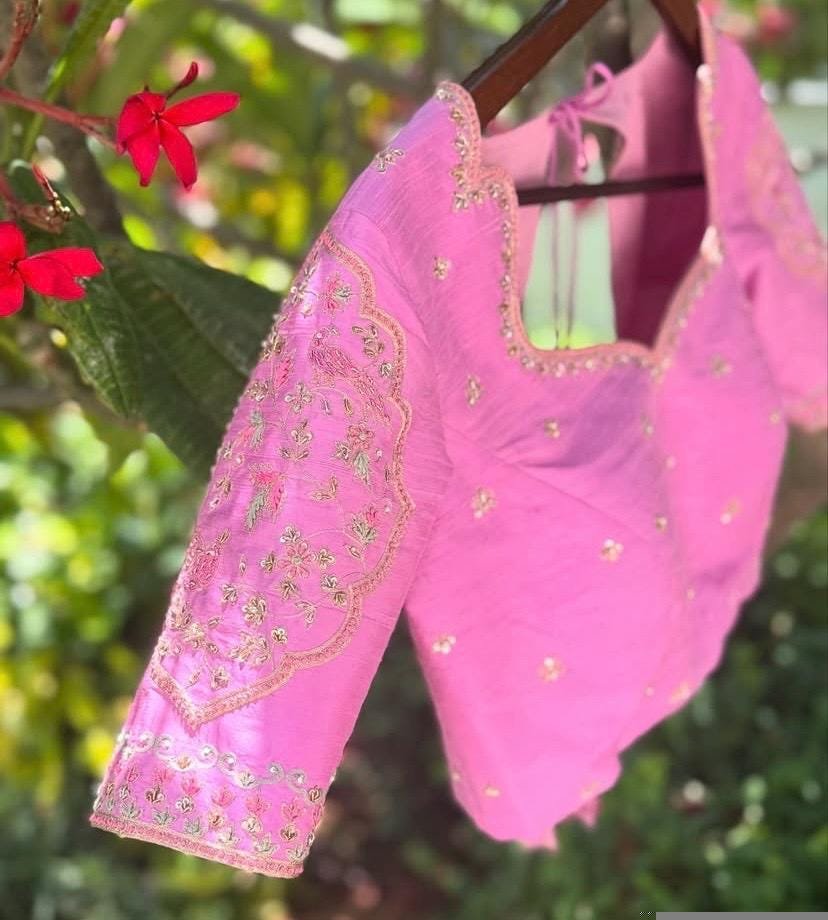 Hand Embroidered Silk Blouse: Light Pink Zardosi Maggam Work