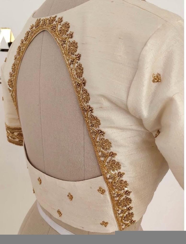 Hand Embroidered Raw Silk Blouse: Cream Zardosi Work, Elbow Sleeves