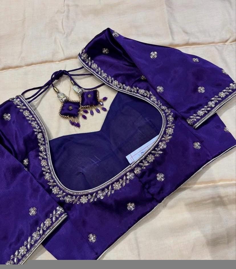 Hand Embroidered Silk Saree Blouse: Purple Zardosi Maggam Work