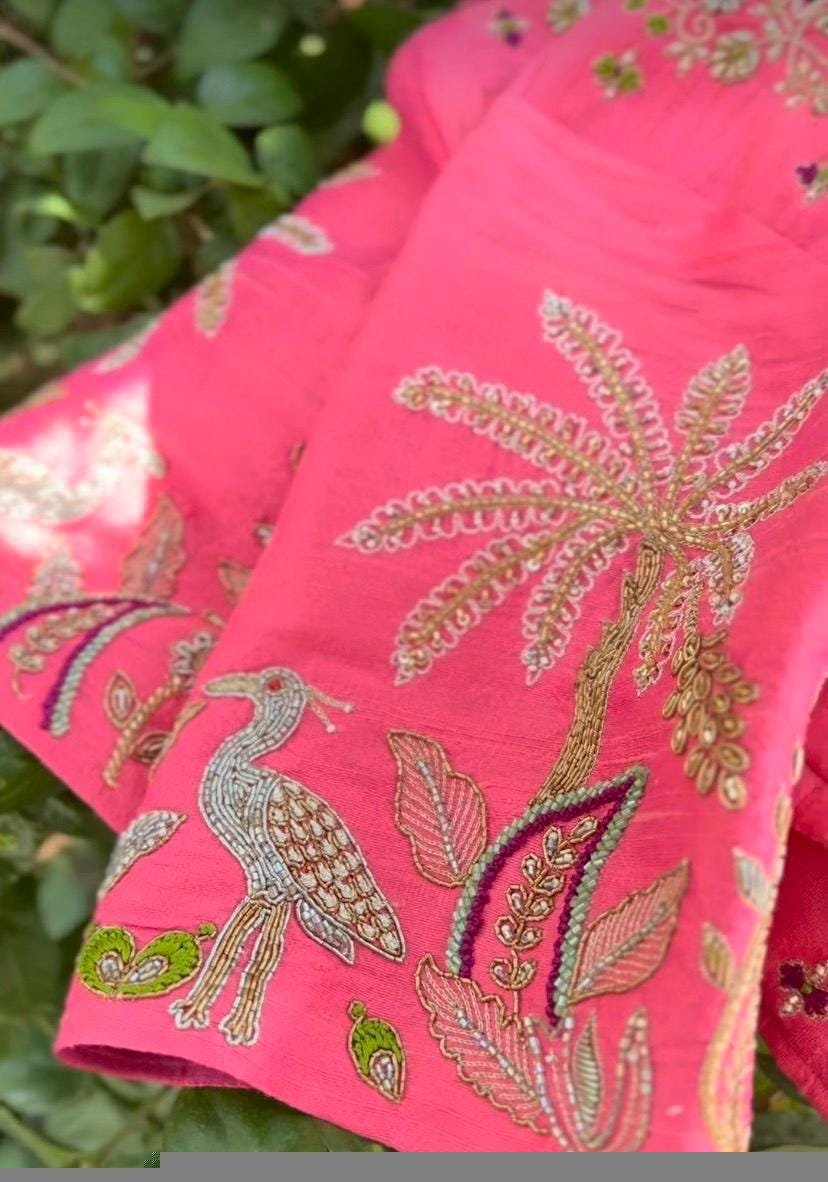 Hand Embroidered Silk Blouse: Light Pink Zardosi Maggam Work
