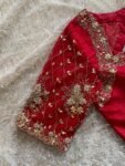 Red Silk Hand Embroidered Saree Blouse: Zardosi Maggam Work