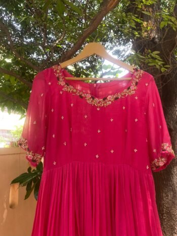 Hand Embroidered Pink Chanderi Silk Anarkali Dress: Indian Party Wedding