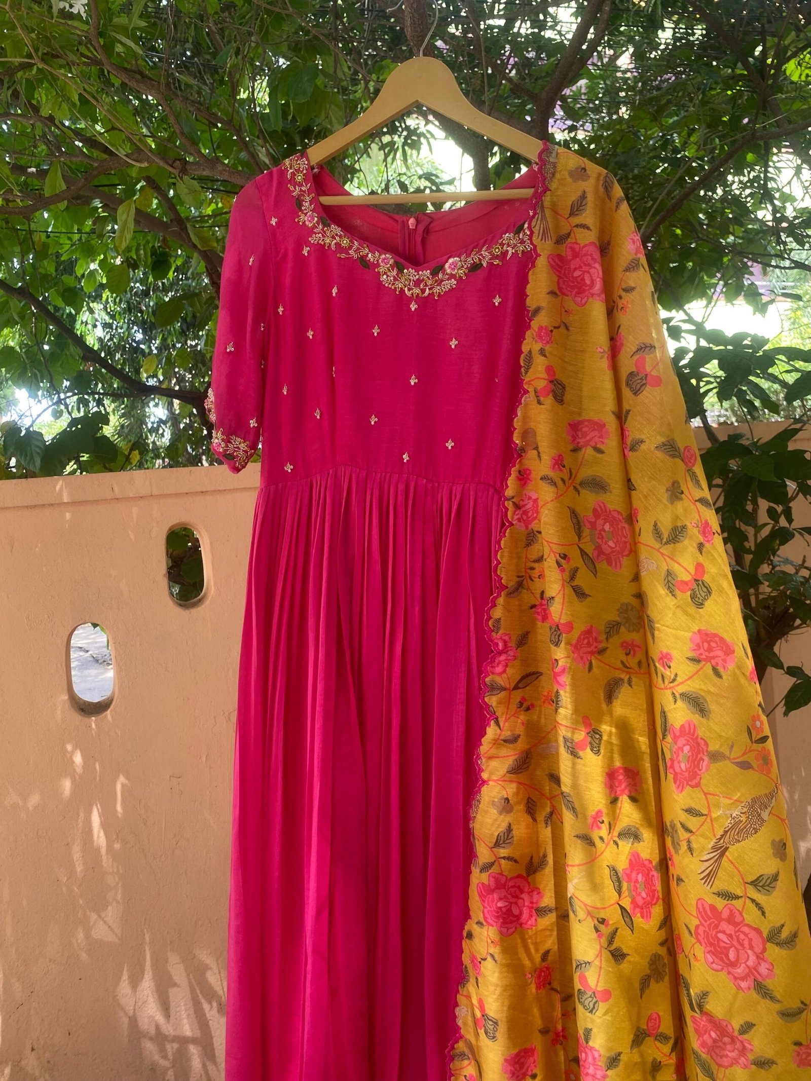 Hand Embroidered Pink Chanderi Anarkali Dress: Floral Dupatta, Indian Suit